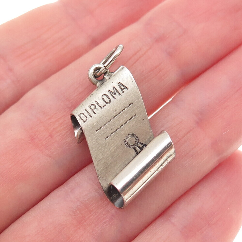 Beau 925 Sterling Silver Vintage Diploma Oxidized Charm Pendant